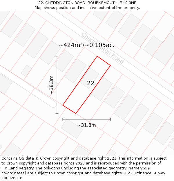 22, CHEDDINGTON ROAD, BOURNEMOUTH, BH9 3NB: Plot and title map