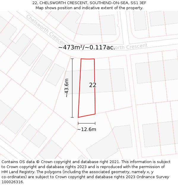 22, CHELSWORTH CRESCENT, SOUTHEND-ON-SEA, SS1 3EF: Plot and title map