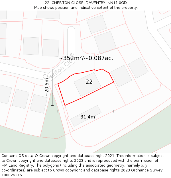 22, CHERITON CLOSE, DAVENTRY, NN11 0GD: Plot and title map