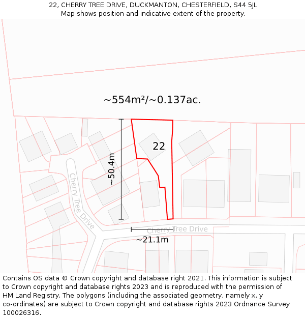 22, CHERRY TREE DRIVE, DUCKMANTON, CHESTERFIELD, S44 5JL: Plot and title map
