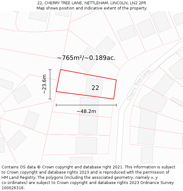 22, CHERRY TREE LANE, NETTLEHAM, LINCOLN, LN2 2PR: Plot and title map