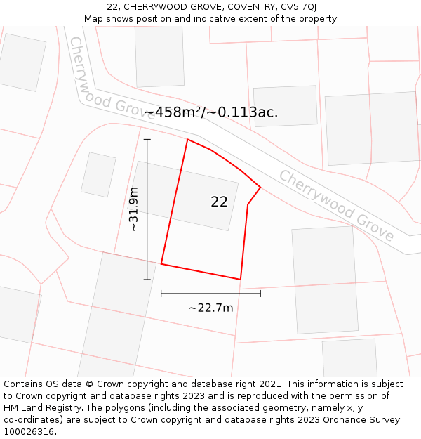 22, CHERRYWOOD GROVE, COVENTRY, CV5 7QJ: Plot and title map