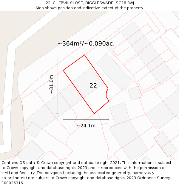 22, CHERVIL CLOSE, BIGGLESWADE, SG18 8WJ: Plot and title map