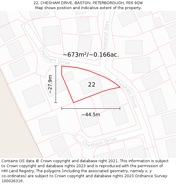 22, CHESHAM DRIVE, BASTON, PETERBOROUGH, PE6 9QW: Plot and title map
