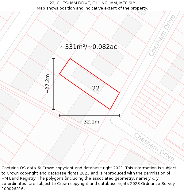 22, CHESHAM DRIVE, GILLINGHAM, ME8 9LY: Plot and title map