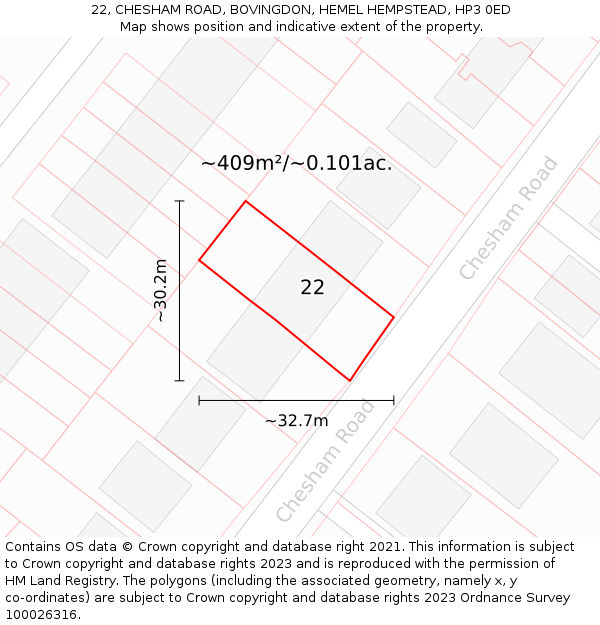 22, CHESHAM ROAD, BOVINGDON, HEMEL HEMPSTEAD, HP3 0ED: Plot and title map