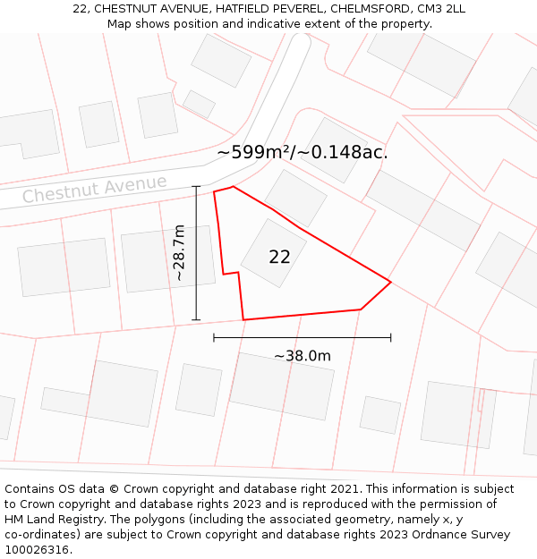 22, CHESTNUT AVENUE, HATFIELD PEVEREL, CHELMSFORD, CM3 2LL: Plot and title map