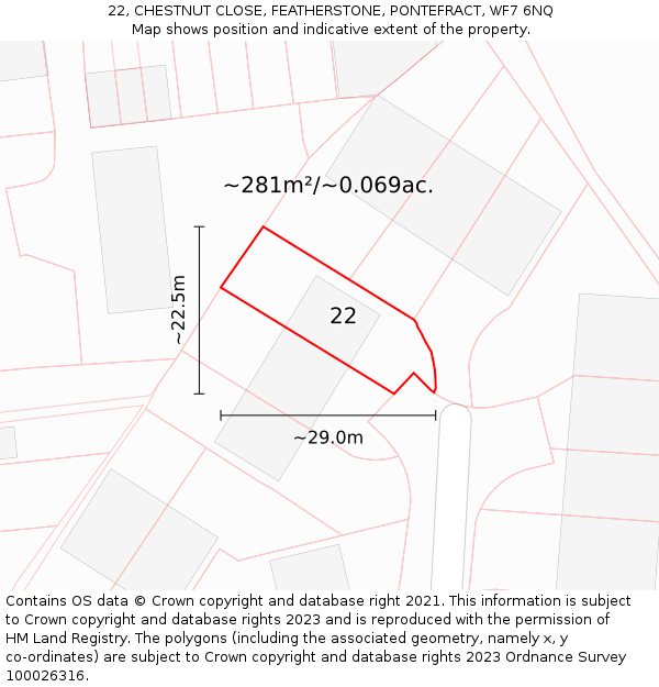 22, CHESTNUT CLOSE, FEATHERSTONE, PONTEFRACT, WF7 6NQ: Plot and title map