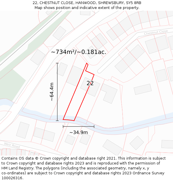 22, CHESTNUT CLOSE, HANWOOD, SHREWSBURY, SY5 8RB: Plot and title map