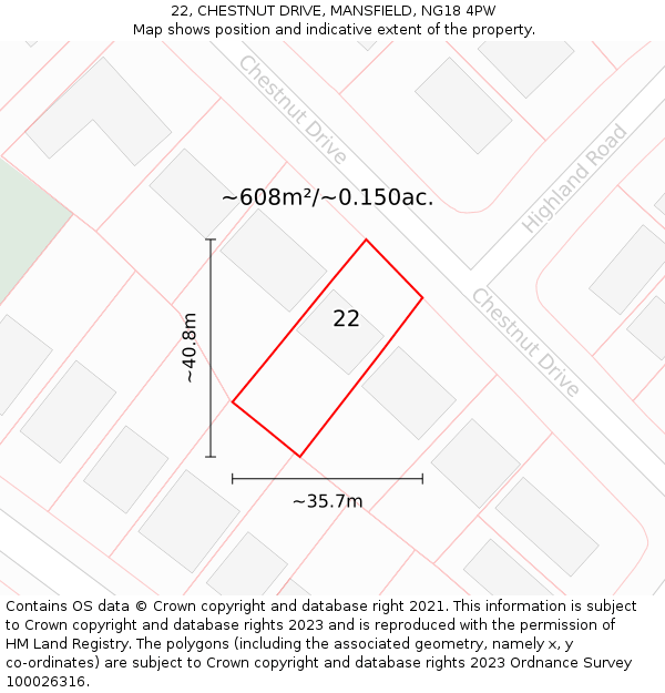 22, CHESTNUT DRIVE, MANSFIELD, NG18 4PW: Plot and title map