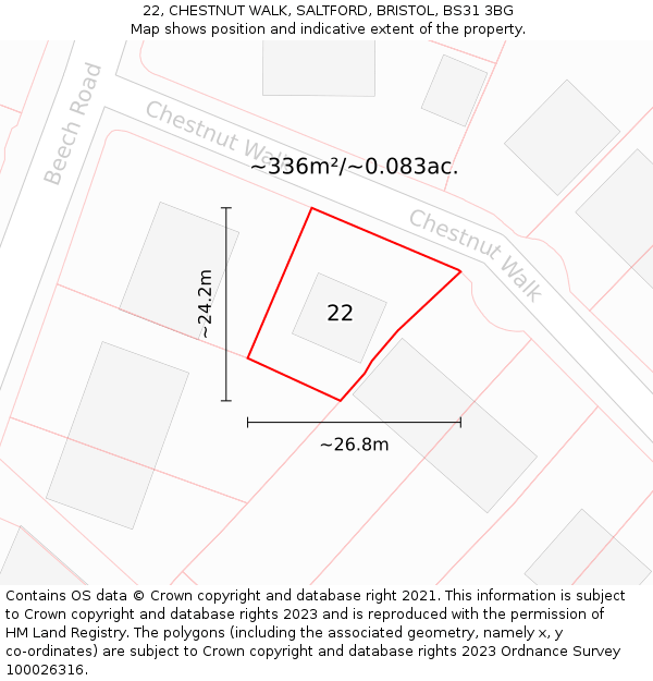 22, CHESTNUT WALK, SALTFORD, BRISTOL, BS31 3BG: Plot and title map