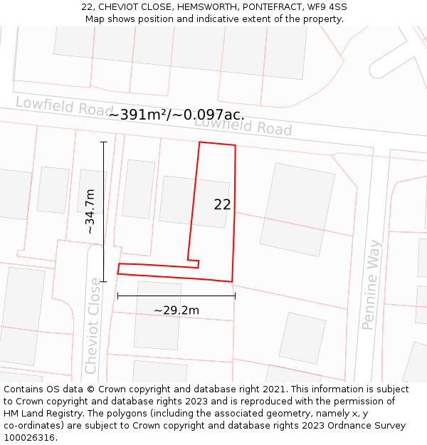 22, CHEVIOT CLOSE, HEMSWORTH, PONTEFRACT, WF9 4SS: Plot and title map