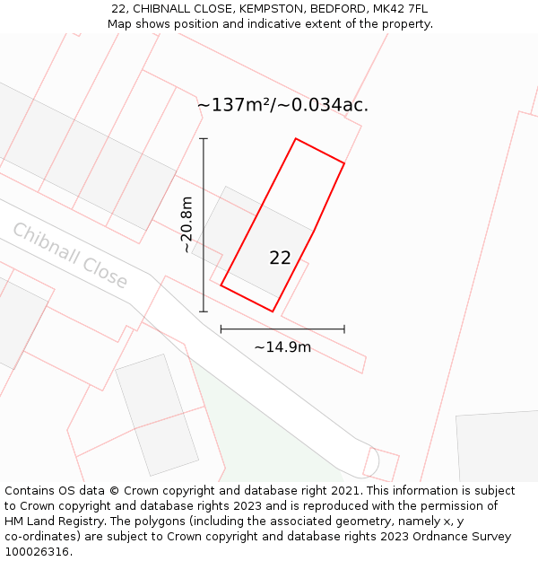 22, CHIBNALL CLOSE, KEMPSTON, BEDFORD, MK42 7FL: Plot and title map