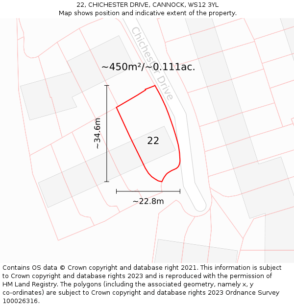 22, CHICHESTER DRIVE, CANNOCK, WS12 3YL: Plot and title map