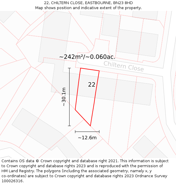 22, CHILTERN CLOSE, EASTBOURNE, BN23 8HD: Plot and title map