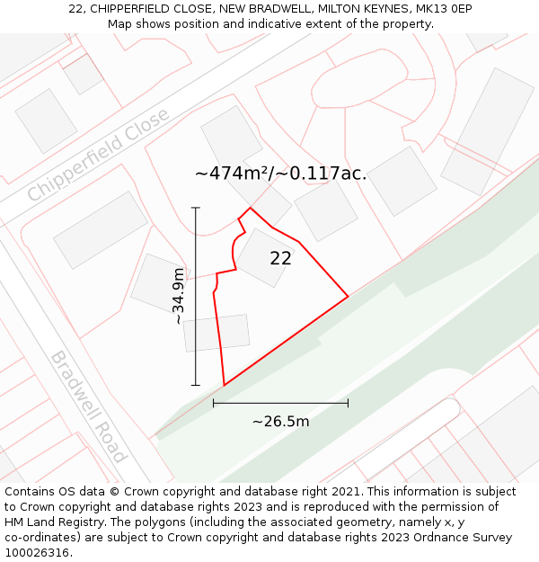 22, CHIPPERFIELD CLOSE, NEW BRADWELL, MILTON KEYNES, MK13 0EP: Plot and title map