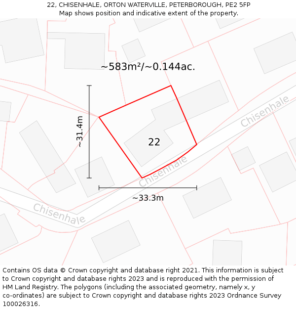 22, CHISENHALE, ORTON WATERVILLE, PETERBOROUGH, PE2 5FP: Plot and title map