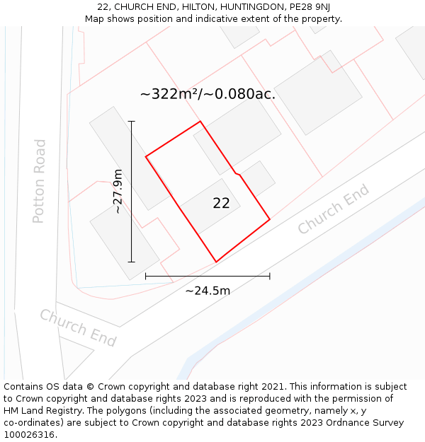 22, CHURCH END, HILTON, HUNTINGDON, PE28 9NJ: Plot and title map