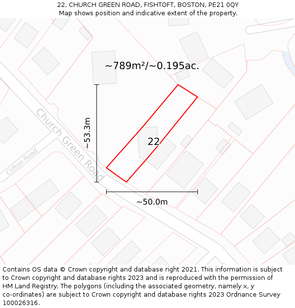 22, CHURCH GREEN ROAD, FISHTOFT, BOSTON, PE21 0QY: Plot and title map
