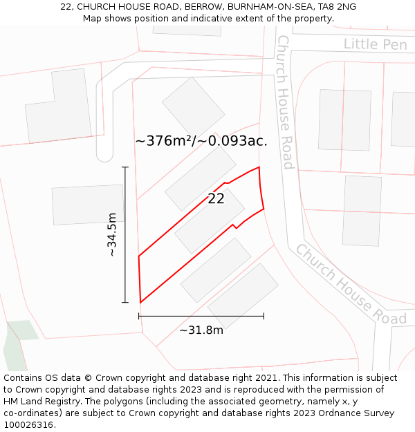 22, CHURCH HOUSE ROAD, BERROW, BURNHAM-ON-SEA, TA8 2NG: Plot and title map