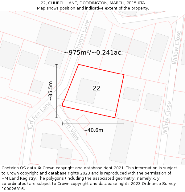 22, CHURCH LANE, DODDINGTON, MARCH, PE15 0TA: Plot and title map
