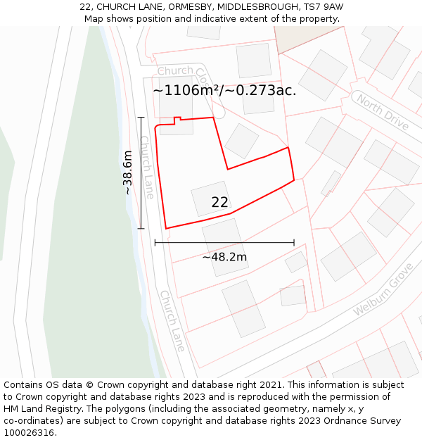 22, CHURCH LANE, ORMESBY, MIDDLESBROUGH, TS7 9AW: Plot and title map