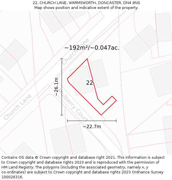 22, CHURCH LANE, WARMSWORTH, DONCASTER, DN4 9NS: Plot and title map