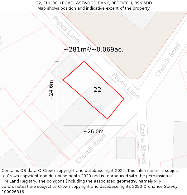 22, CHURCH ROAD, ASTWOOD BANK, REDDITCH, B96 6DD: Plot and title map