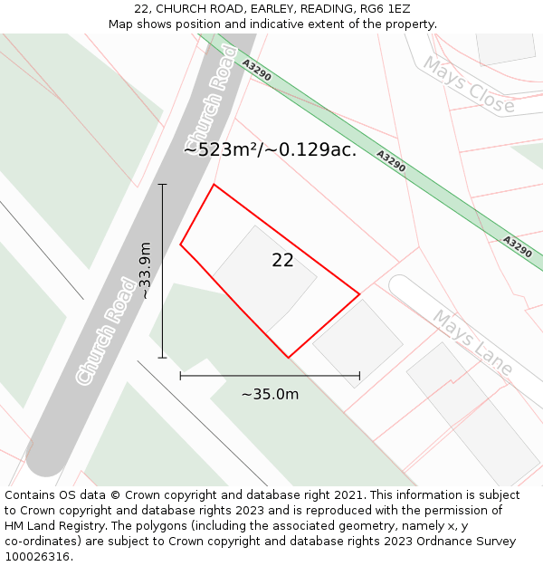 22, CHURCH ROAD, EARLEY, READING, RG6 1EZ: Plot and title map