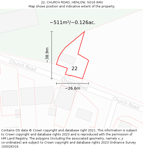 22, CHURCH ROAD, HENLOW, SG16 6AN: Plot and title map