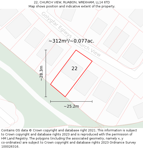22, CHURCH VIEW, RUABON, WREXHAM, LL14 6TD: Plot and title map