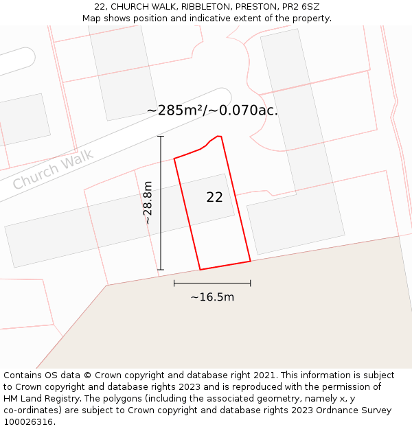 22, CHURCH WALK, RIBBLETON, PRESTON, PR2 6SZ: Plot and title map