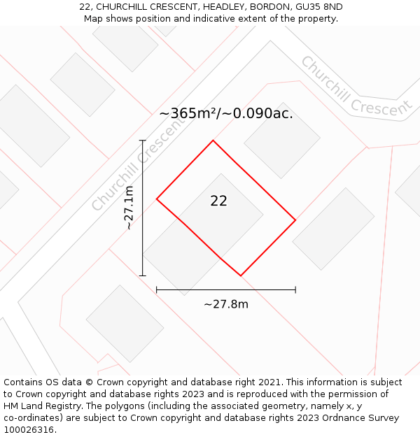 22, CHURCHILL CRESCENT, HEADLEY, BORDON, GU35 8ND: Plot and title map