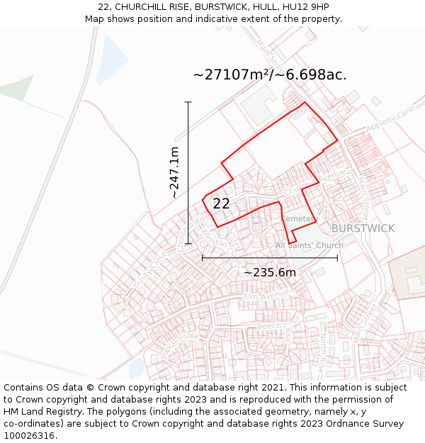 22, CHURCHILL RISE, BURSTWICK, HULL, HU12 9HP: Plot and title map