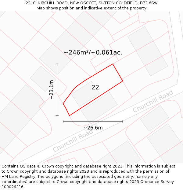 22, CHURCHILL ROAD, NEW OSCOTT, SUTTON COLDFIELD, B73 6SW: Plot and title map