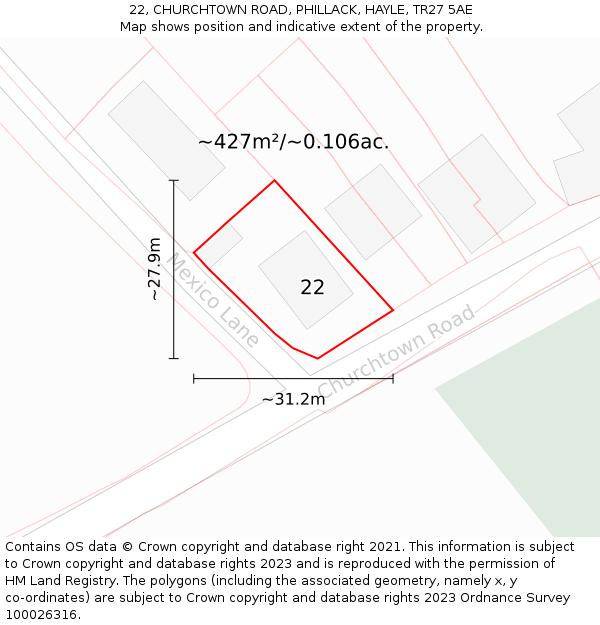 22, CHURCHTOWN ROAD, PHILLACK, HAYLE, TR27 5AE: Plot and title map