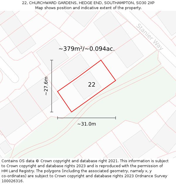 22, CHURCHWARD GARDENS, HEDGE END, SOUTHAMPTON, SO30 2XP: Plot and title map