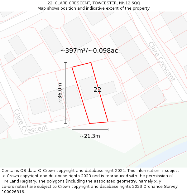 22, CLARE CRESCENT, TOWCESTER, NN12 6QQ: Plot and title map