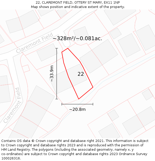 22, CLAREMONT FIELD, OTTERY ST MARY, EX11 1NP: Plot and title map