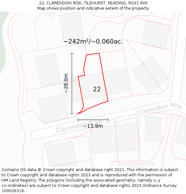 22, CLARENDON RISE, TILEHURST, READING, RG31 6XX: Plot and title map