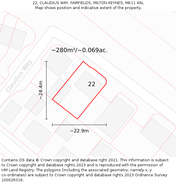 22, CLAUDIUS WAY, FAIRFIELDS, MILTON KEYNES, MK11 4AL: Plot and title map