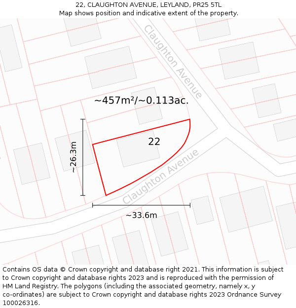 22, CLAUGHTON AVENUE, LEYLAND, PR25 5TL: Plot and title map