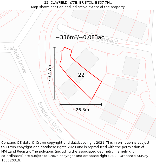 22, CLAYFIELD, YATE, BRISTOL, BS37 7HU: Plot and title map