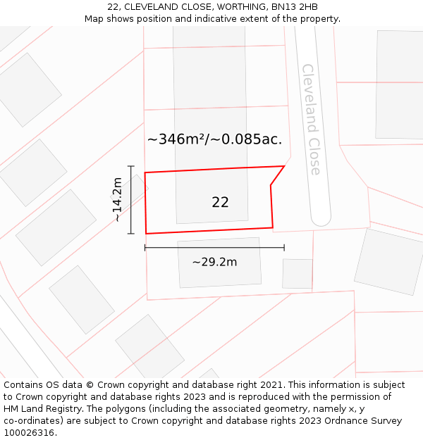 22, CLEVELAND CLOSE, WORTHING, BN13 2HB: Plot and title map