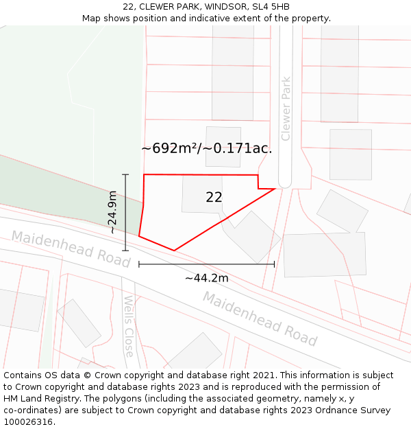 22, CLEWER PARK, WINDSOR, SL4 5HB: Plot and title map