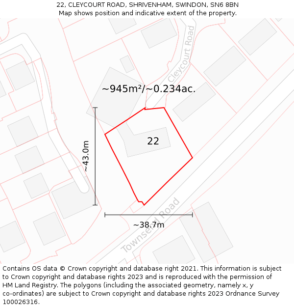 22, CLEYCOURT ROAD, SHRIVENHAM, SWINDON, SN6 8BN: Plot and title map