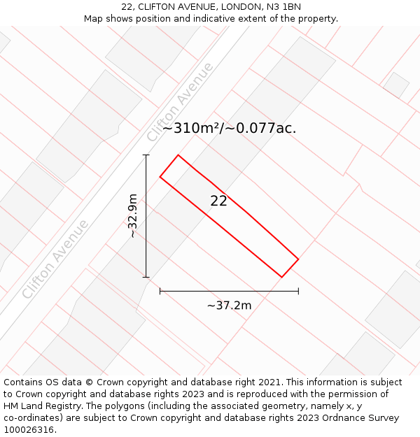 22, CLIFTON AVENUE, LONDON, N3 1BN: Plot and title map