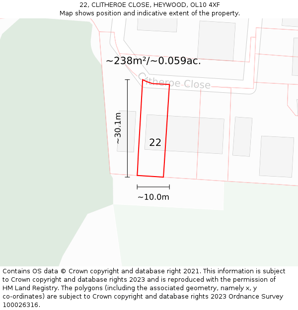 22, CLITHEROE CLOSE, HEYWOOD, OL10 4XF: Plot and title map