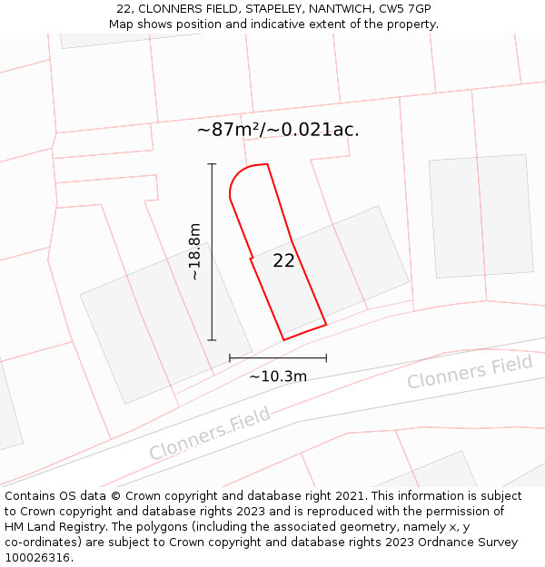 22, CLONNERS FIELD, STAPELEY, NANTWICH, CW5 7GP: Plot and title map