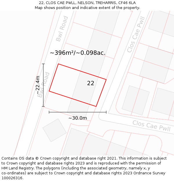 22, CLOS CAE PWLL, NELSON, TREHARRIS, CF46 6LA: Plot and title map